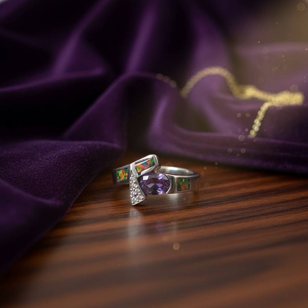 Rare Amethyst Ring with multi color inlay and cz sterling silver - Picture 3 of 6